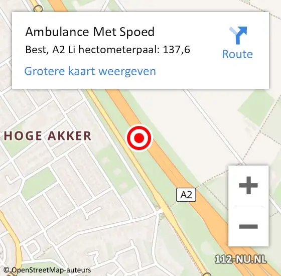Locatie op kaart van de 112 melding: Ambulance Met Spoed Naar Best, A2 Li hectometerpaal: 138,6 op 2 juni 2018 17:03