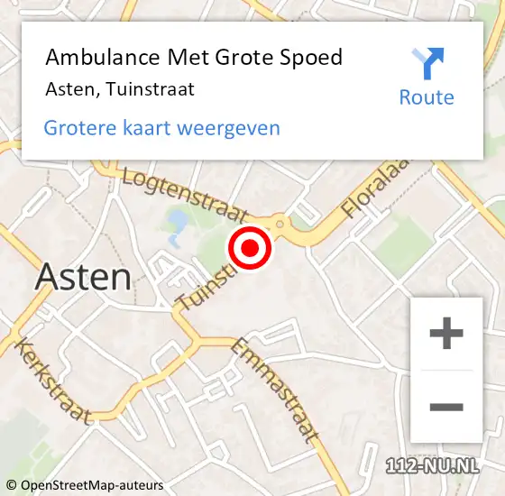 Locatie op kaart van de 112 melding: Ambulance Met Grote Spoed Naar Asten, Tuinstraat op 3 juni 2018 02:20