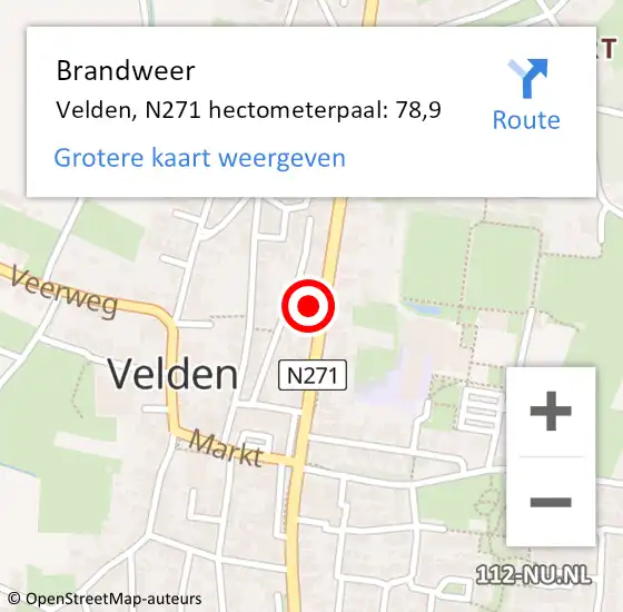 Locatie op kaart van de 112 melding: Brandweer Velden, N271 hectometerpaal: 78,9 op 3 juni 2018 17:46