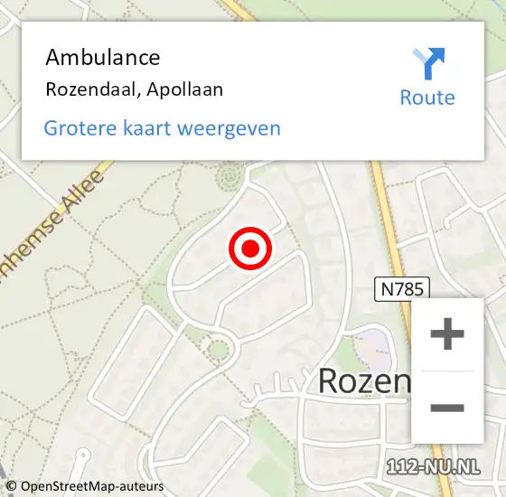 Locatie op kaart van de 112 melding: Ambulance Rozendaal, Apollaan op 4 juni 2018 08:27