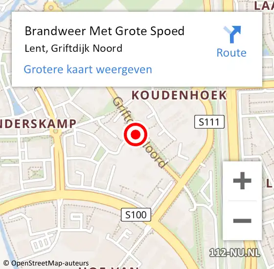 Locatie op kaart van de 112 melding: Brandweer Met Grote Spoed Naar Lent, Griftdijk Noord op 5 juni 2018 05:03