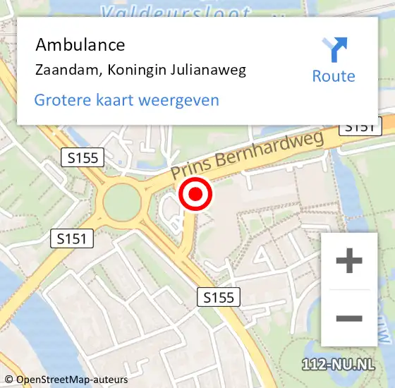 Locatie op kaart van de 112 melding: Ambulance Zaandam, Koningin Julianaweg op 5 juni 2018 13:33