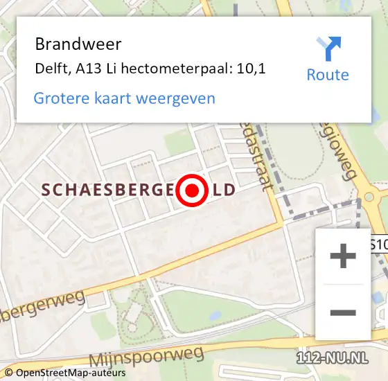 Locatie op kaart van de 112 melding: Brandweer Delft, A13 Li hectometerpaal: 10,1 op 5 juni 2018 15:40