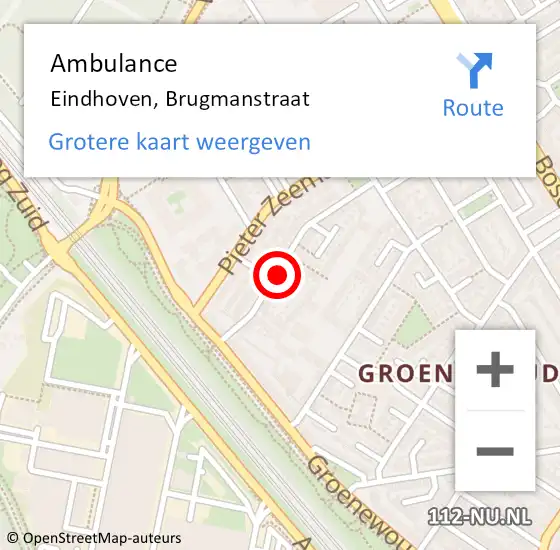 Locatie op kaart van de 112 melding: Ambulance Eindhoven, Brugmanstraat op 6 juni 2018 13:20