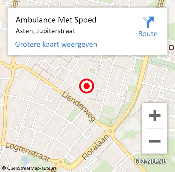 Locatie op kaart van de 112 melding: Ambulance Met Spoed Naar Asten, Jupiterstraat op 6 juni 2018 22:44