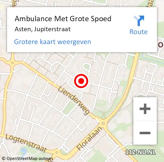 Locatie op kaart van de 112 melding: Ambulance Met Grote Spoed Naar Asten, Jupiterstraat op 6 juni 2018 22:50