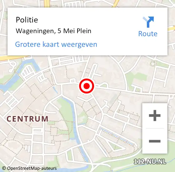 Locatie op kaart van de 112 melding: Politie Wageningen, 5 Mei Plein op 7 juni 2018 11:25