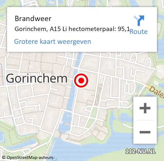 Locatie op kaart van de 112 melding: Brandweer Gorinchem, A15 Li hectometerpaal: 95,1 op 8 juni 2018 14:26