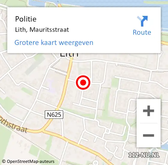Locatie op kaart van de 112 melding: Politie Lith, Mauritsstraat op 8 juni 2018 19:19