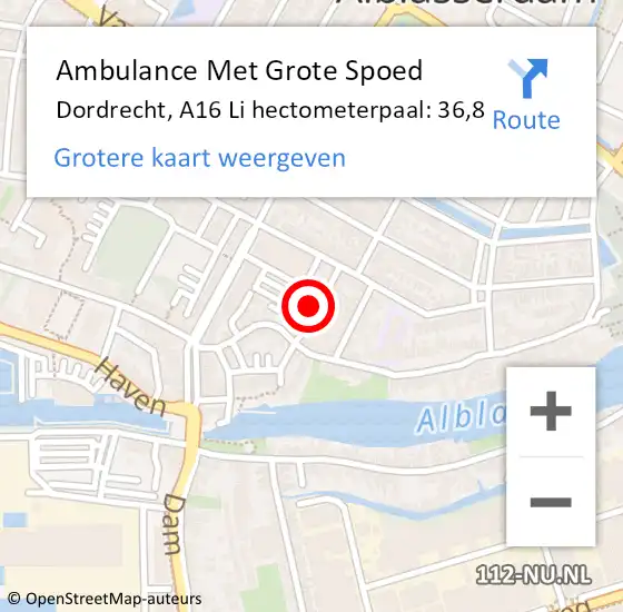 Locatie op kaart van de 112 melding: Ambulance Met Grote Spoed Naar Dordrecht, A16 Li hectometerpaal: 36,8 op 8 juni 2018 20:56