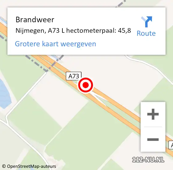 Locatie op kaart van de 112 melding: Brandweer Nijmegen, A73 L hectometerpaal: 100,5 op 10 juni 2018 01:35