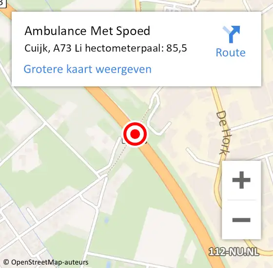 Locatie op kaart van de 112 melding: Ambulance Met Spoed Naar Cuijk, A73 Li hectometerpaal: 89,9 op 10 juni 2018 21:08
