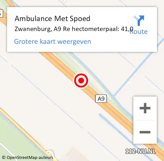 Locatie op kaart van de 112 melding: Ambulance Met Spoed Naar Zwanenburg, A9 Re hectometerpaal: 42,5 op 11 juni 2018 06:16
