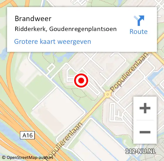 Locatie op kaart van de 112 melding: Brandweer Ridderkerk, Goudenregenplantsoen op 11 juni 2018 16:27