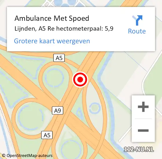Locatie op kaart van de 112 melding: Ambulance Met Spoed Naar Lijnden, A5 Re hectometerpaal: 4,7 op 12 juni 2018 22:31