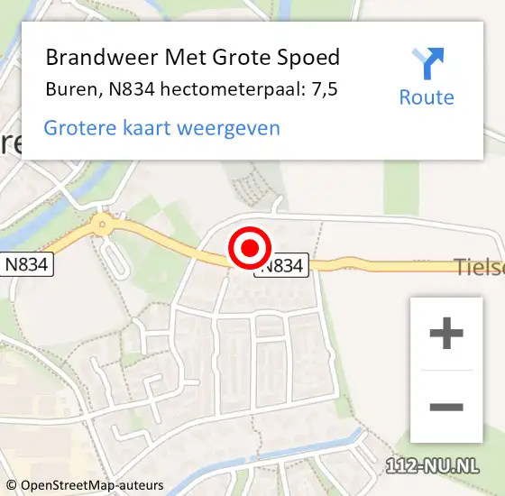 Locatie op kaart van de 112 melding: Brandweer Met Grote Spoed Naar Buren, N834 hectometerpaal: 7,5 op 13 juni 2018 20:46