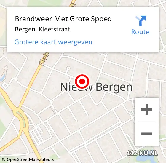 Locatie op kaart van de 112 melding: Brandweer Met Grote Spoed Naar Bergen, Kleefstraat op 14 juni 2018 07:54