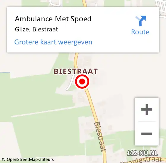 Locatie op kaart van de 112 melding: Ambulance Met Spoed Naar Gilze, Biestraat op 14 juni 2018 08:51