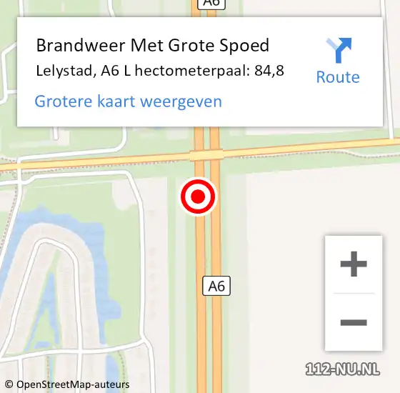 Locatie op kaart van de 112 melding: Brandweer Met Grote Spoed Naar Lelystad, A6 L hectometerpaal: 84,8 op 14 juni 2018 09:42