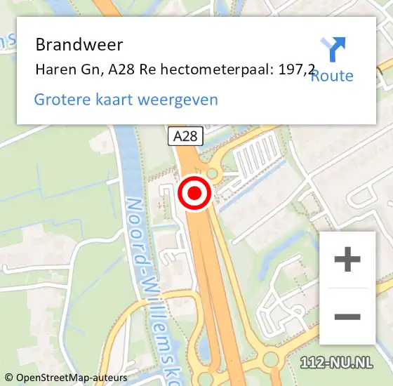 Locatie op kaart van de 112 melding: Brandweer Haren Gn, A28 Re hectometerpaal: 197,2 op 14 juni 2018 11:54