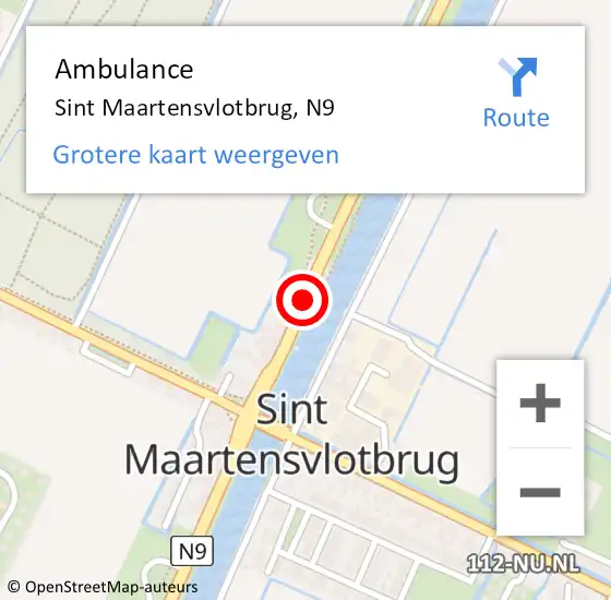 Locatie op kaart van de 112 melding: Ambulance Sint Maartensvlotbrug, N9 op 14 juni 2018 15:58