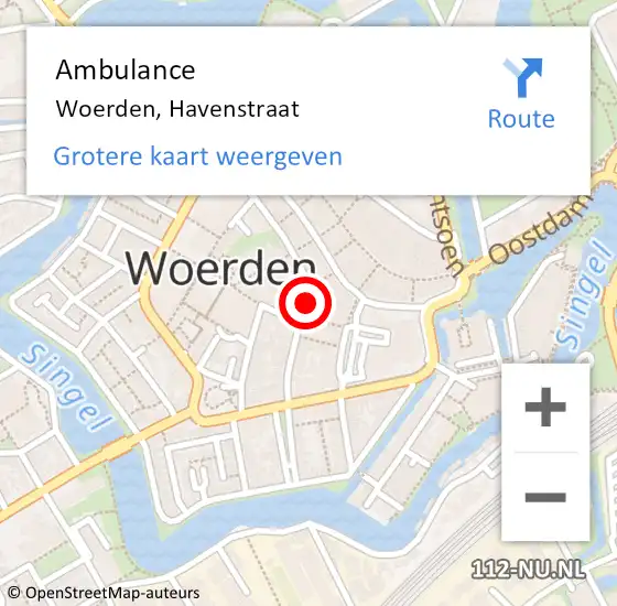 Locatie op kaart van de 112 melding: Ambulance Woerden, Havenstraat op 15 juni 2018 05:11