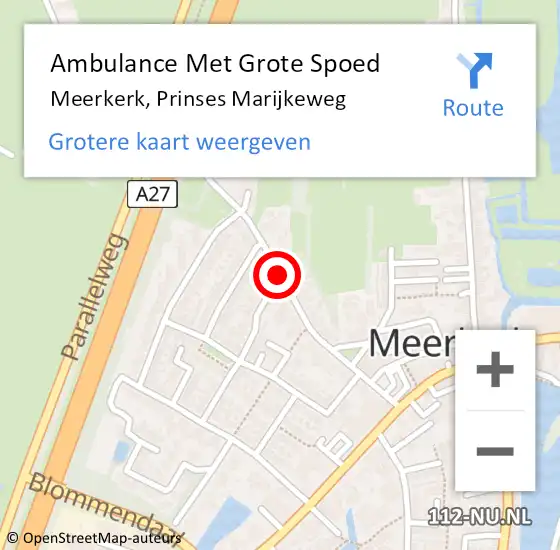 Locatie op kaart van de 112 melding: Ambulance Met Grote Spoed Naar Meerkerk, Prinses Marijkeweg op 15 juni 2018 10:17