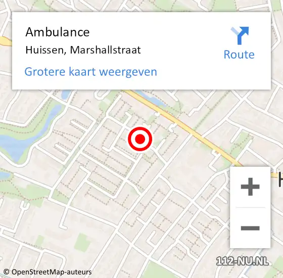 Locatie op kaart van de 112 melding: Ambulance Huissen, Marshallstraat op 15 juni 2018 12:17