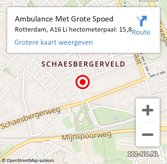Locatie op kaart van de 112 melding: Ambulance Met Grote Spoed Naar Rotterdam, A16 Li hectometerpaal: 15,8 op 27 februari 2014 18:52