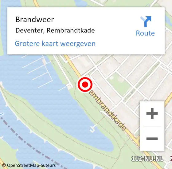 Locatie op kaart van de 112 melding: Brandweer Deventer, Rembrandtkade op 15 juni 2018 20:29