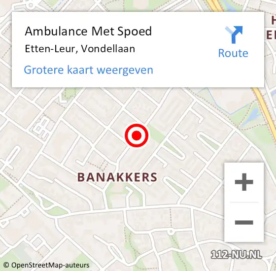 Locatie op kaart van de 112 melding: Ambulance Met Spoed Naar Etten-Leur, Vondellaan op 15 juni 2018 22:06