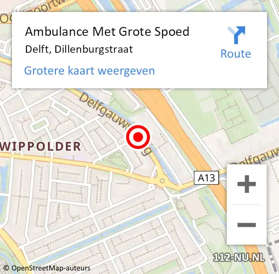 Locatie op kaart van de 112 melding: Ambulance Met Grote Spoed Naar Delft, Dillenburgstraat op 15 juni 2018 22:21