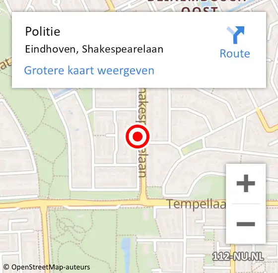 Locatie op kaart van de 112 melding: Politie Eindhoven, Shakespearelaan op 18 juni 2018 03:09