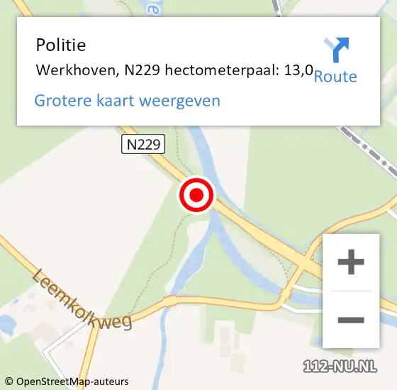 Locatie op kaart van de 112 melding: Politie Werkhoven, N229 hectometerpaal: 13,0 op 18 juni 2018 12:18