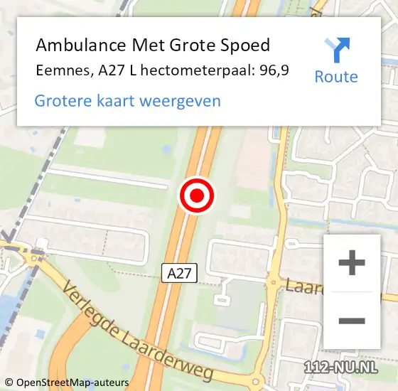 Locatie op kaart van de 112 melding: Ambulance Met Grote Spoed Naar Eemnes, A27 L hectometerpaal: 96,9 op 19 juni 2018 13:02