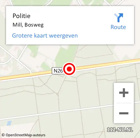 Locatie op kaart van de 112 melding: Politie Mill, Bosweg op 20 juni 2018 10:12