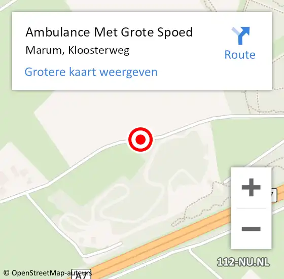 Locatie op kaart van de 112 melding: Ambulance Met Grote Spoed Naar Marum, Kloosterweg op 20 juni 2018 19:10