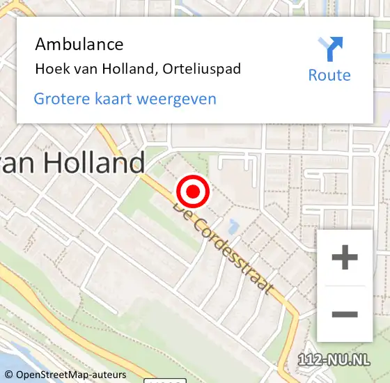 Locatie op kaart van de 112 melding: Ambulance Hoek van Holland, Orteliuspad op 21 juni 2018 03:29