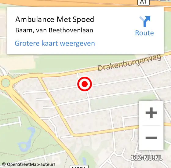 Locatie op kaart van de 112 melding: Ambulance Met Spoed Naar Baarn, van Beethovenlaan op 21 juni 2018 12:21