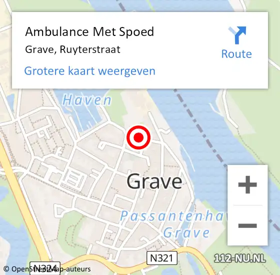 Locatie op kaart van de 112 melding: Ambulance Met Spoed Naar Grave, Ruyterstraat op 21 juni 2018 19:44