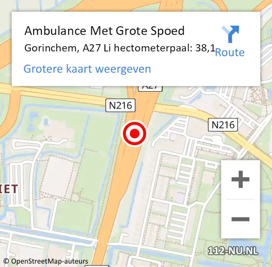 Locatie op kaart van de 112 melding: Ambulance Met Grote Spoed Naar Gorinchem, A27 Re hectometerpaal: 37,4 op 22 juni 2018 13:56