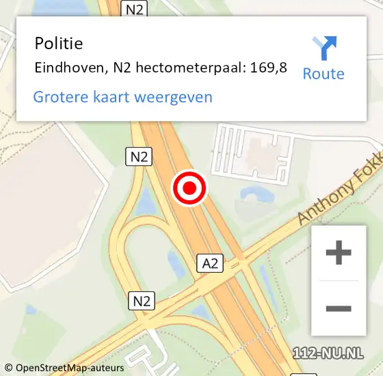 Locatie op kaart van de 112 melding: Politie Eindhoven, N2 hectometerpaal: 169,8 op 22 juni 2018 23:38