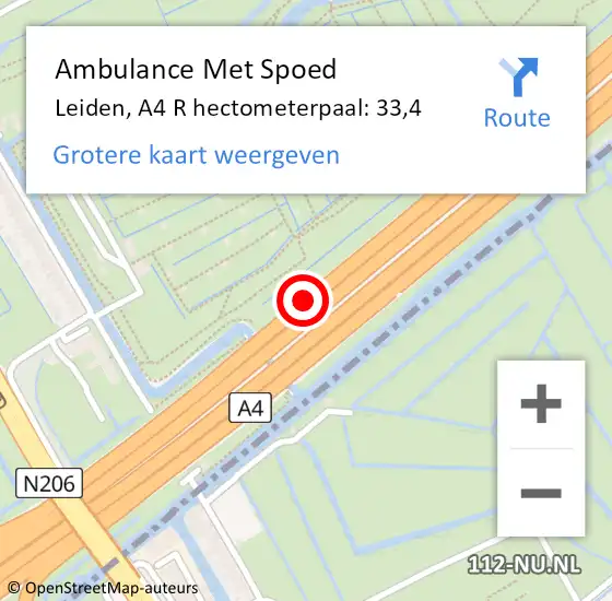 Locatie op kaart van de 112 melding: Ambulance Met Spoed Naar Leiden, A4 R hectometerpaal: 33,7 op 23 juni 2018 00:46