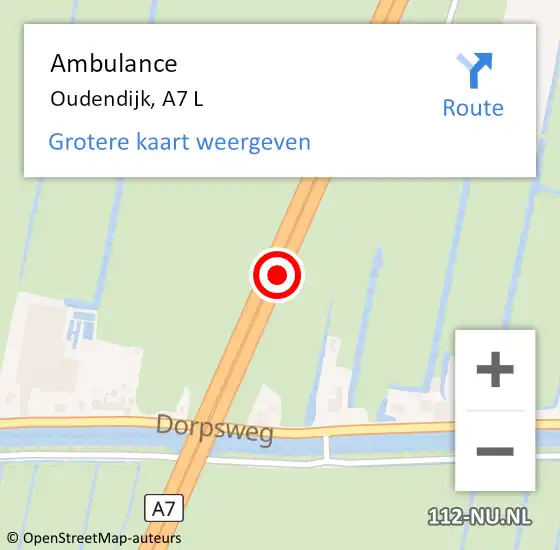 Locatie op kaart van de 112 melding: Ambulance Oudendijk, A7 L op 23 juni 2018 07:42