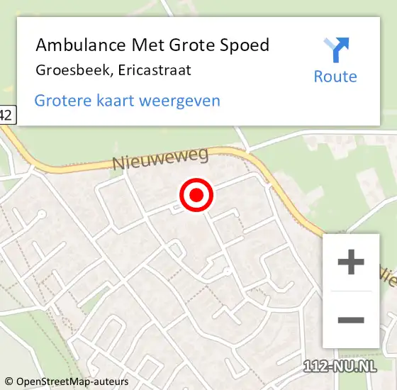 Locatie op kaart van de 112 melding: Ambulance Met Grote Spoed Naar Groesbeek, Ericastraat op 23 juni 2018 09:50