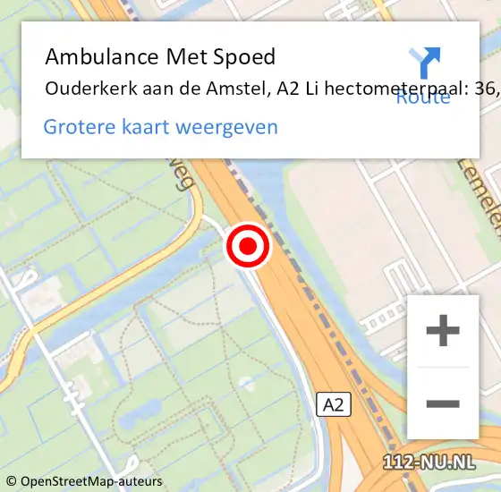 Locatie op kaart van de 112 melding: Ambulance Met Spoed Naar Ouderkerk aan de Amstel, A2 Li hectometerpaal: 36,9 op 23 juni 2018 11:33