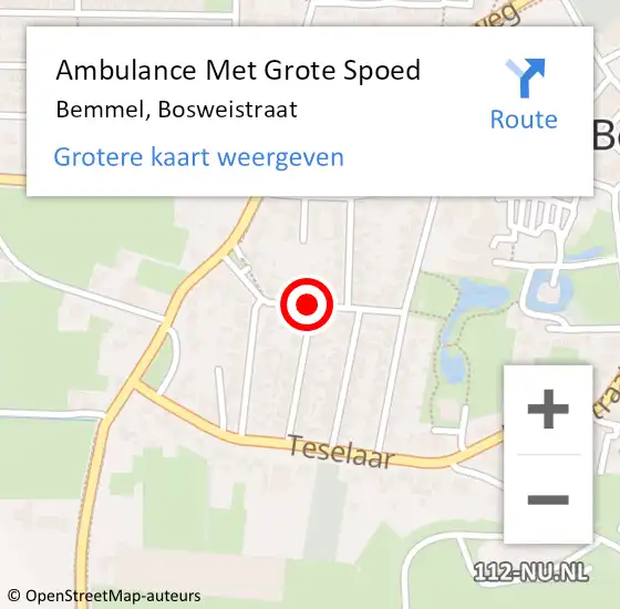 Locatie op kaart van de 112 melding: Ambulance Met Grote Spoed Naar Bemmel, Bosweistraat op 24 juni 2018 11:09