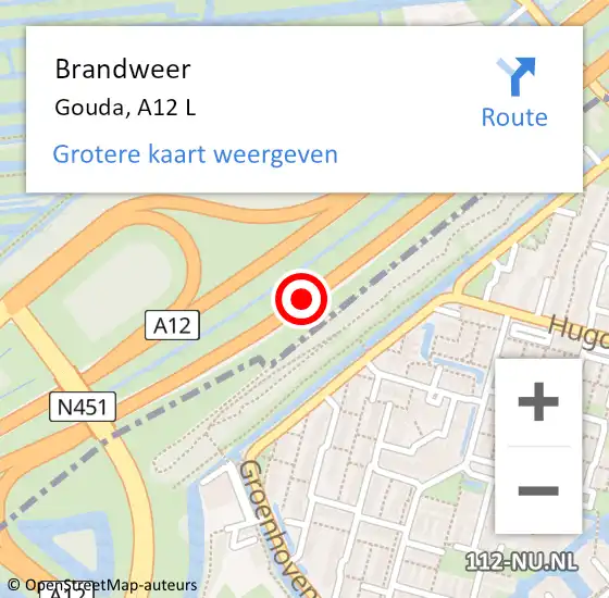 Locatie op kaart van de 112 melding: Brandweer Gouda, A12 R hectometerpaal: 28,4 op 24 juni 2018 13:44
