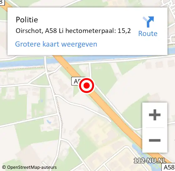 Locatie op kaart van de 112 melding: Politie Oirschot, A58 Li hectometerpaal: 15,2 op 24 juni 2018 14:06
