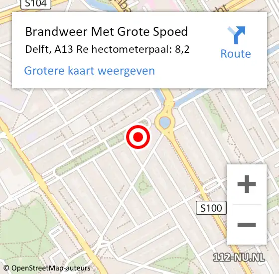 Locatie op kaart van de 112 melding: Brandweer Met Grote Spoed Naar Delft, A13 Re hectometerpaal: 13,8 op 25 juni 2018 02:59